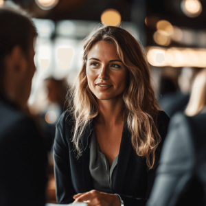 a close up image of an attractive woman in focus speaks to a man in a bar out of focus