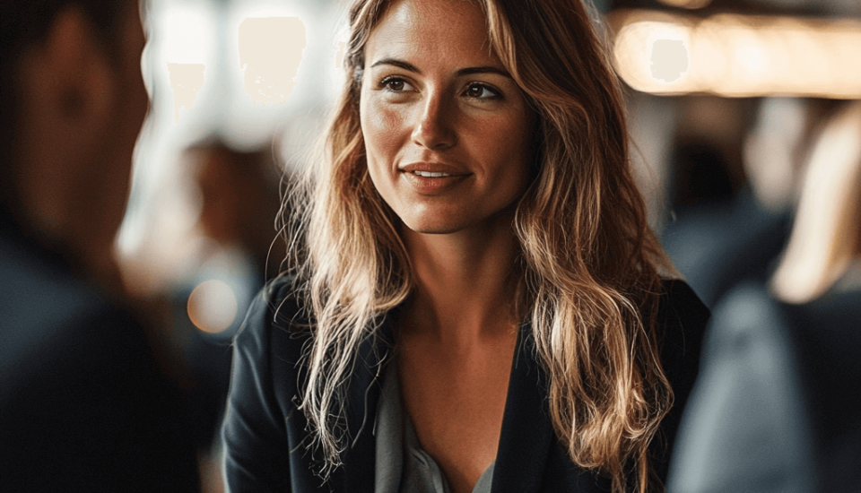 a close up image of an attractive woman in focus speaks to a man in a bar out of focus