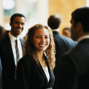 a business woman with long shoulder length hair smiles at the camera.