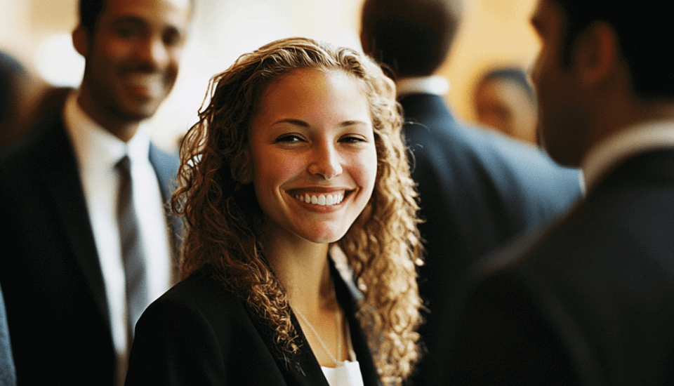 a business woman with long shoulder length hair smiles at the camera.