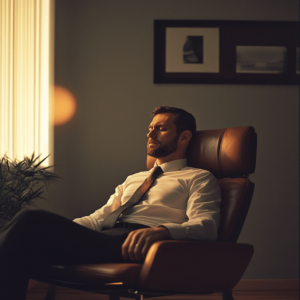 a man with a beard and short hair dressed in business attire sits in a brown leather couch by a window with his eyes closed in a dimly lit room during hypnosis