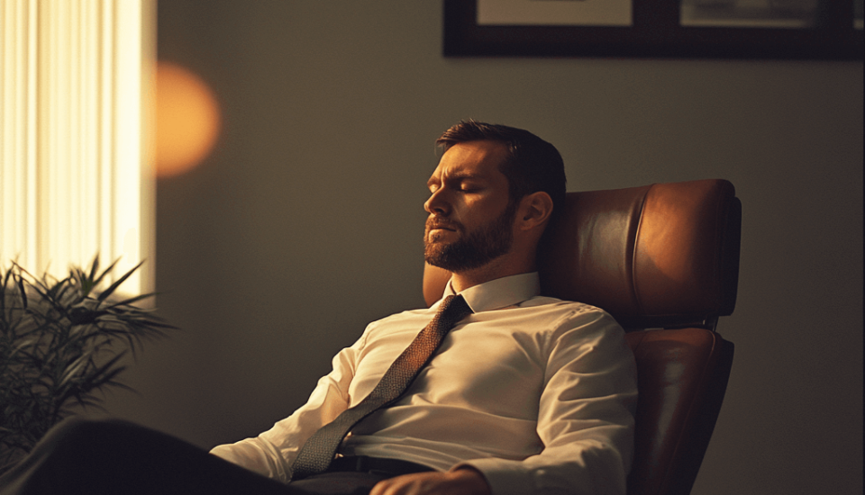 a man with a beard and short hair dressed in business attire sits in a brown leather couch by a window with his eyes closed in a dimly lit room during hypnosis