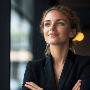 an attractive confident looking woman in a business suit cross armed looking off to the left of frame.