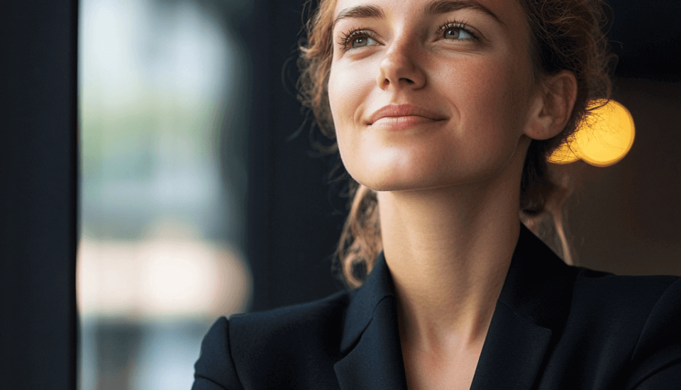 an attractive confident looking woman in a business suit cross armed looking off to the left of frame.