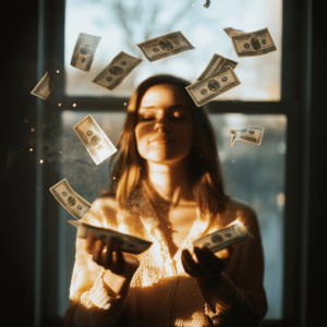 A woman meditates with her eyes closed as dollar bills float in front of her outstretched hands