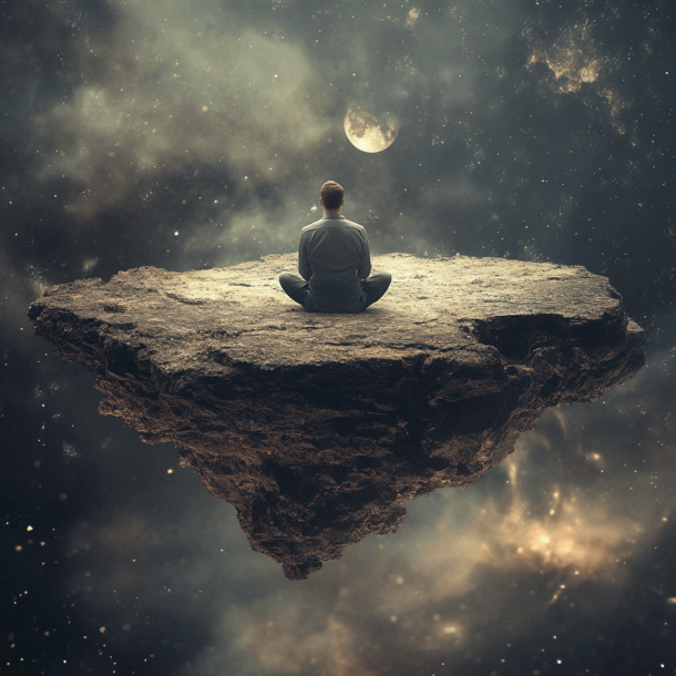 A man facing away from the camera sits cross legged on top of a floating piece of rock in space facing the moon in the distance.