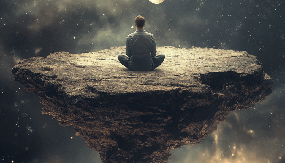 A man facing away from the camera sits cross legged on top of a floating piece of rock in space facing the moon in the distance.