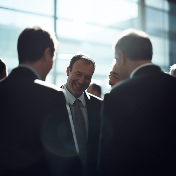 Four middle aged men in business suits huddle and laugh