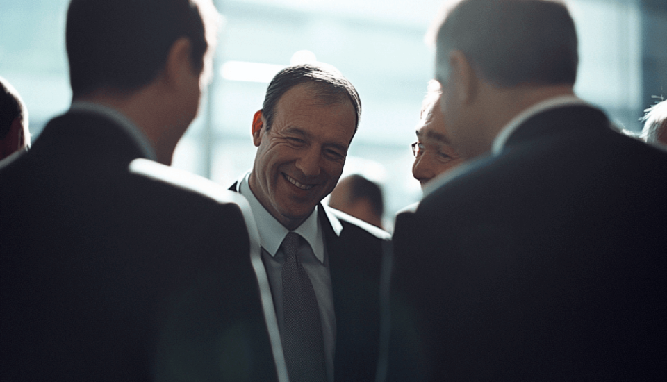 Four middle aged men in business suits huddle and laugh