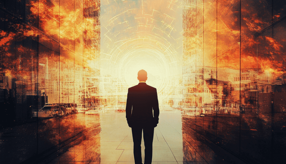 a man facing away from camera in a black business suit is surrounded by a red and yellow virtual city-scape