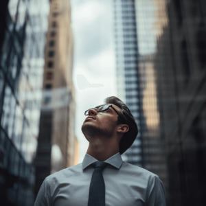 a man in business shirt and blue tie and glasses looking up towards the sky while standing between two high rises