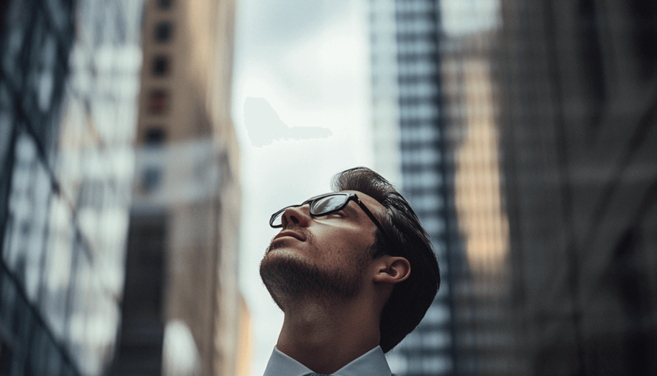 a man in business shirt and blue tie and glasses looking up towards the sky while standing between two high rises