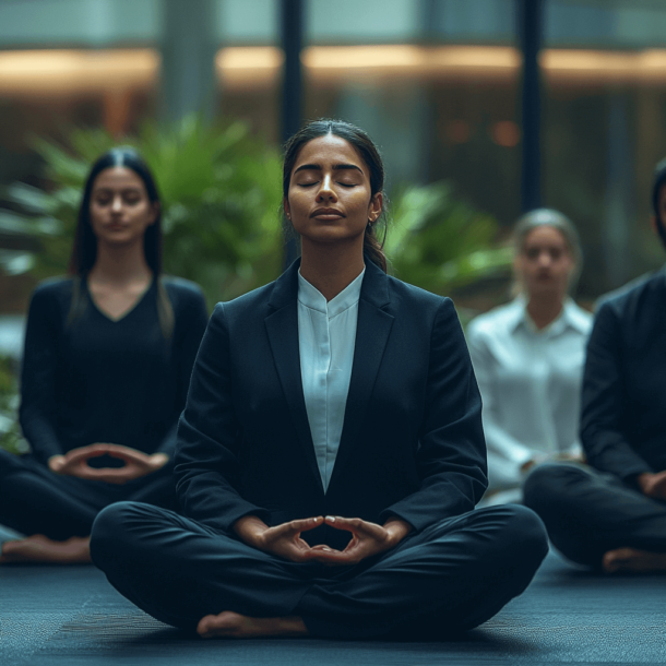 Four people in business suits join in group meditation in cross legged pose