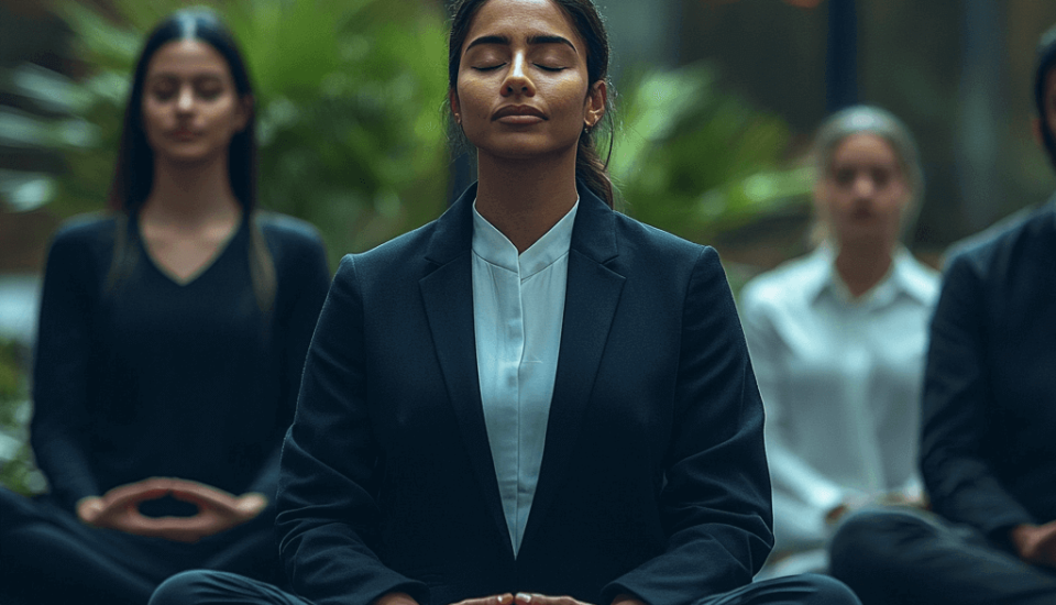 Four people in business suits join in group meditation in cross legged pose