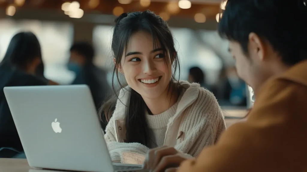 A young female student in focus with laptop open is turned smiling at her male classmate