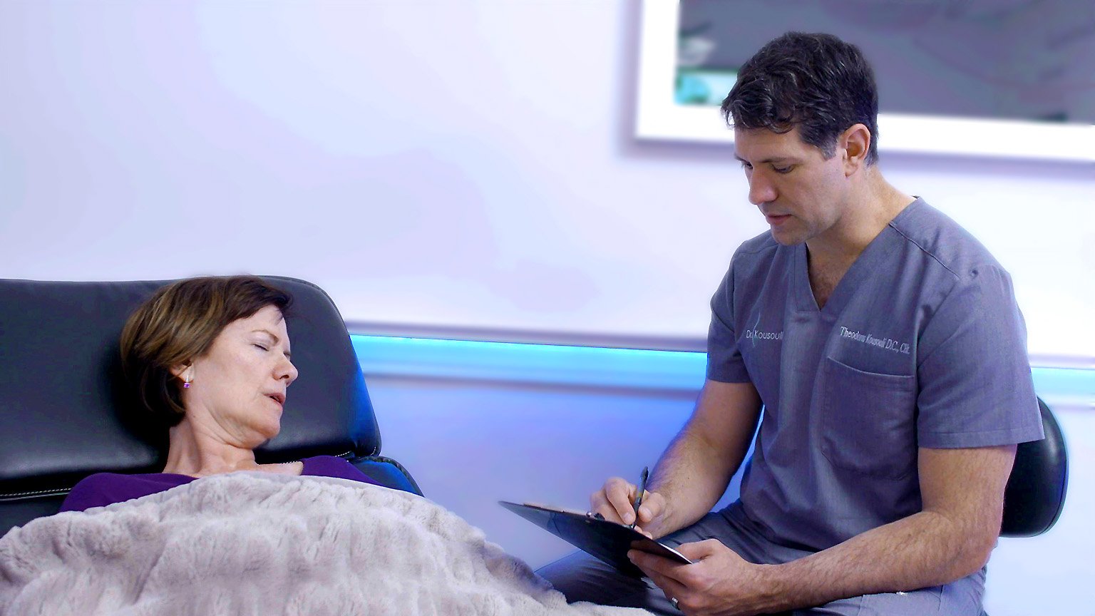 Dr. Theo Kousouli guiding a hypnosis session with a client at Kousouli Healing Arts in Mount Kisco, Westchester County NY