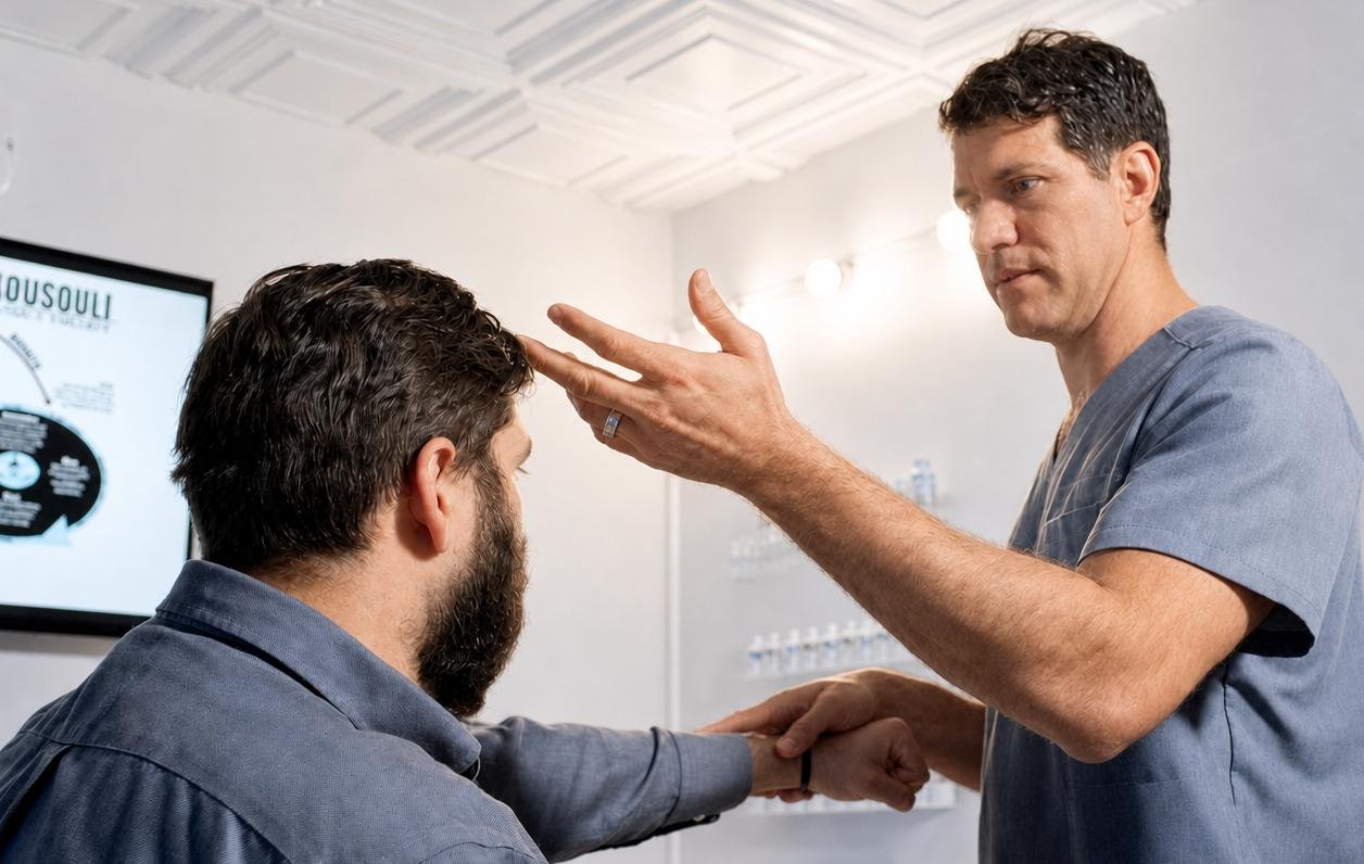 Dr. Kousouli performs a K-NER Kousouli Neural-Emotive Reprogramming Session to help client remove internal stress.